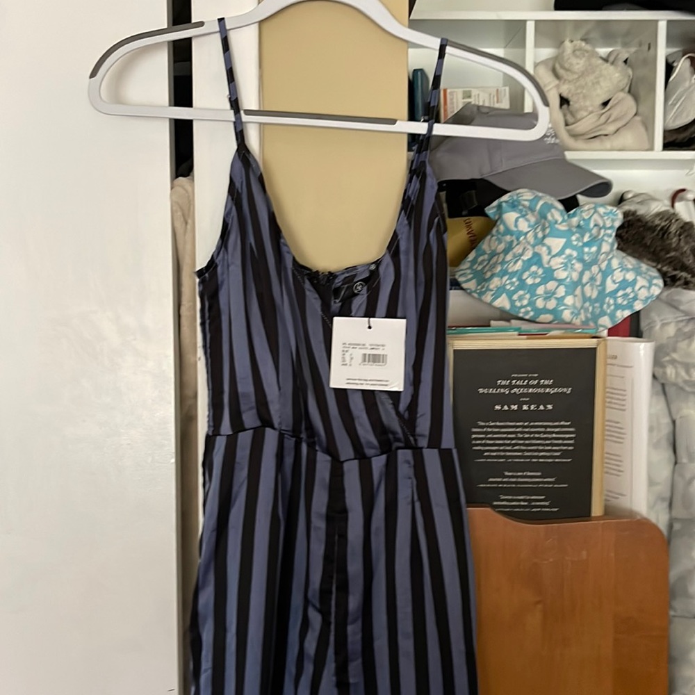 Blue and black pinstripe jumpsuit